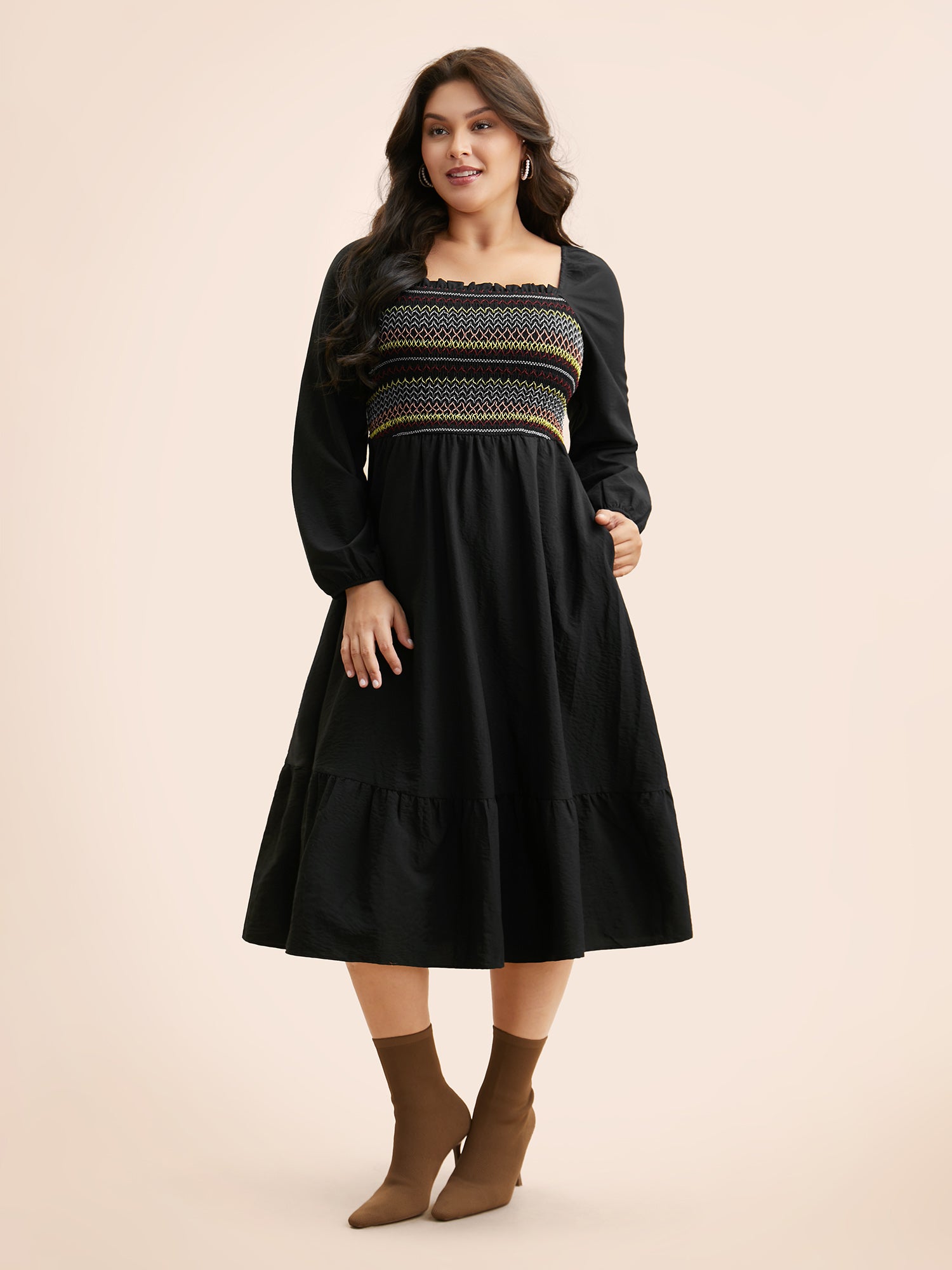 Colored Striped Shirred Frill Trim Dress