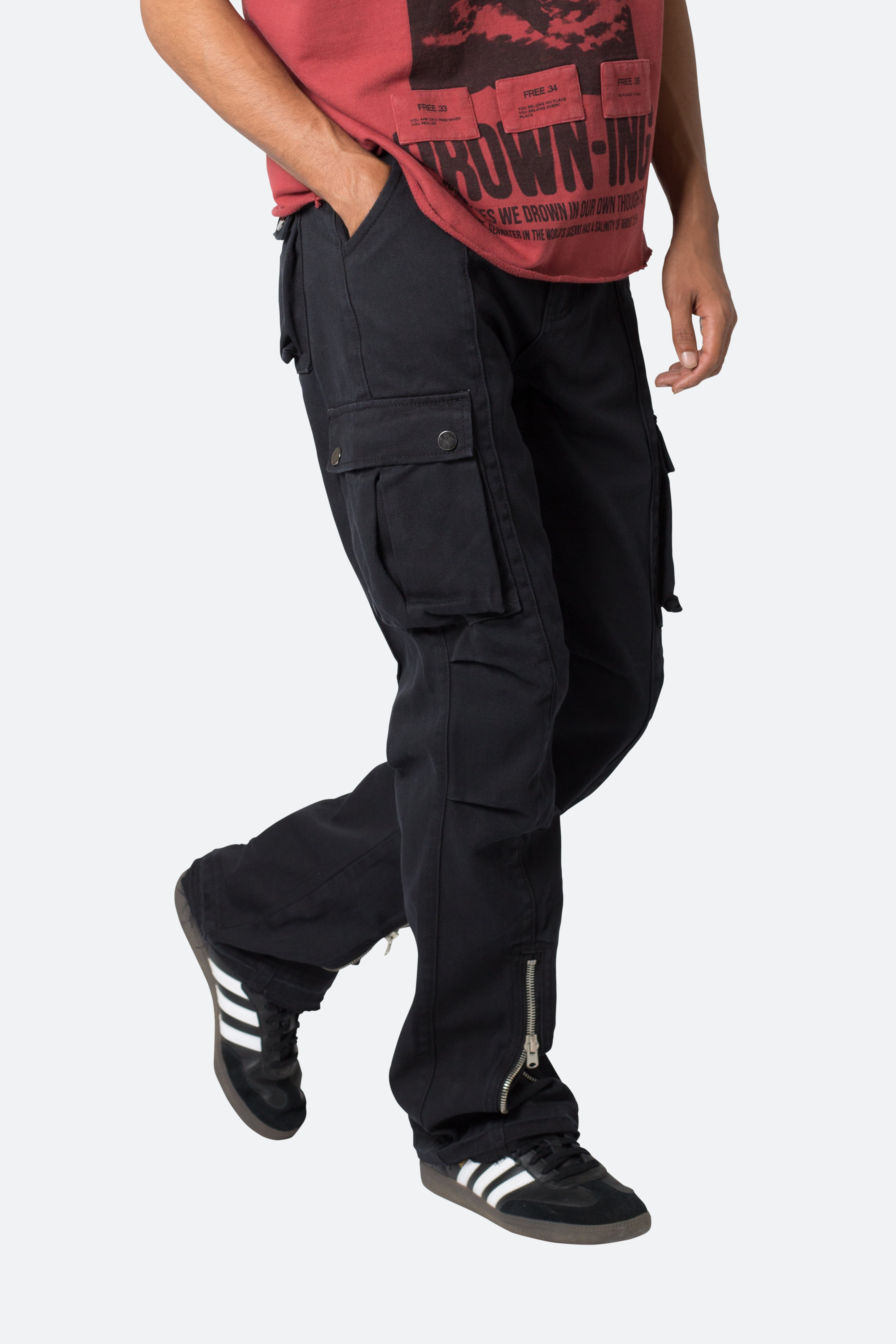 Front Zip Flare Cargo Pants - Black