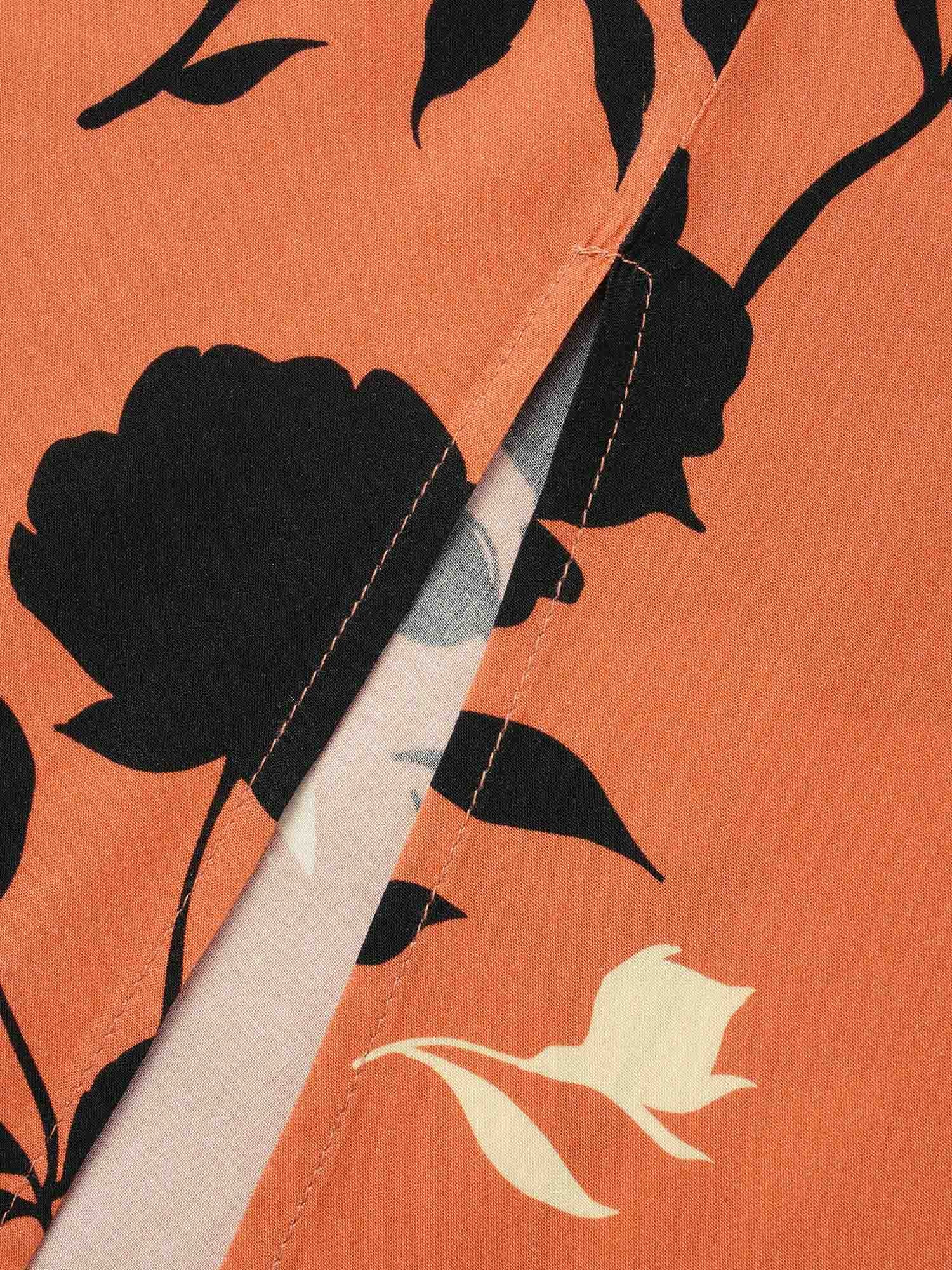 Silhouette Floral Print Lantern Sleeve Slit Hem Dress