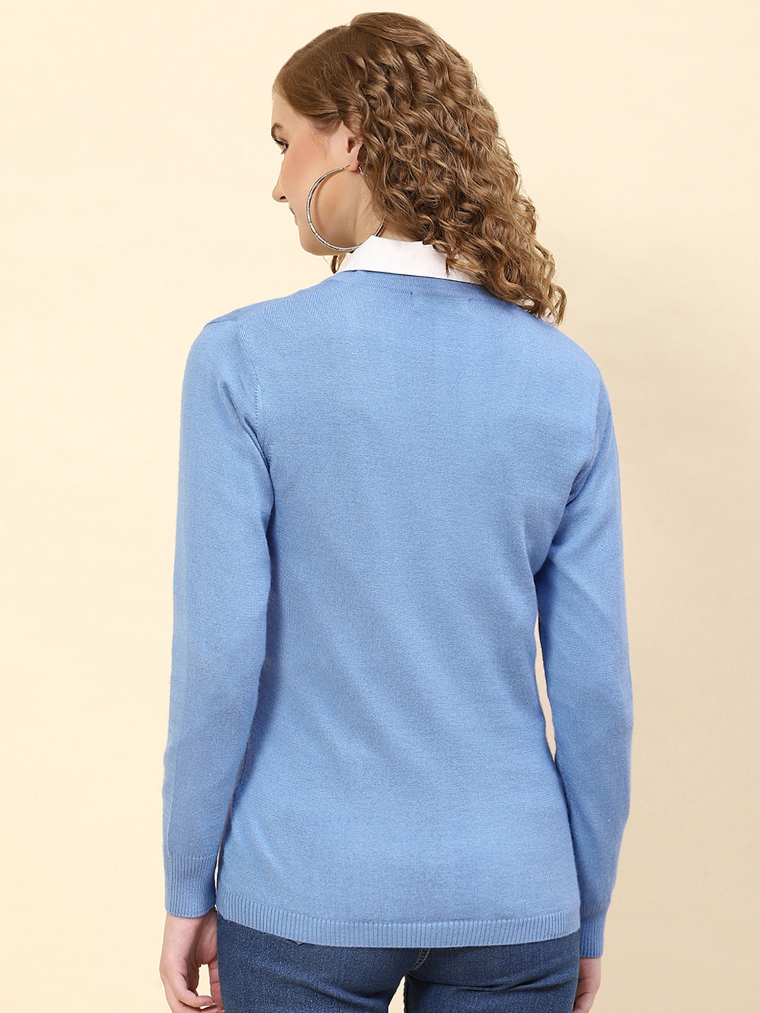 Women Sky Blue Solid V Neck Full Sleeve Cardigan