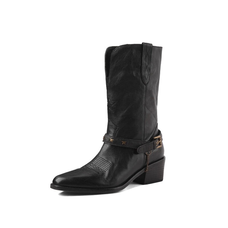 Top Cow Leather Western Boots Mid Calf Boots Block Heel - Khaki/Black Cowgirl Boots