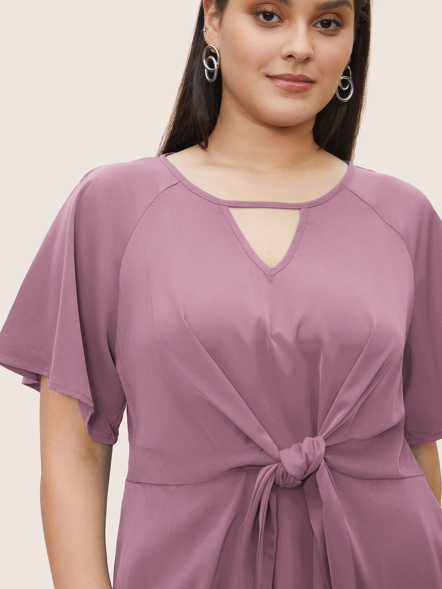 Plain Keyhole Knotted Front Ruffle Sleeve Blouse