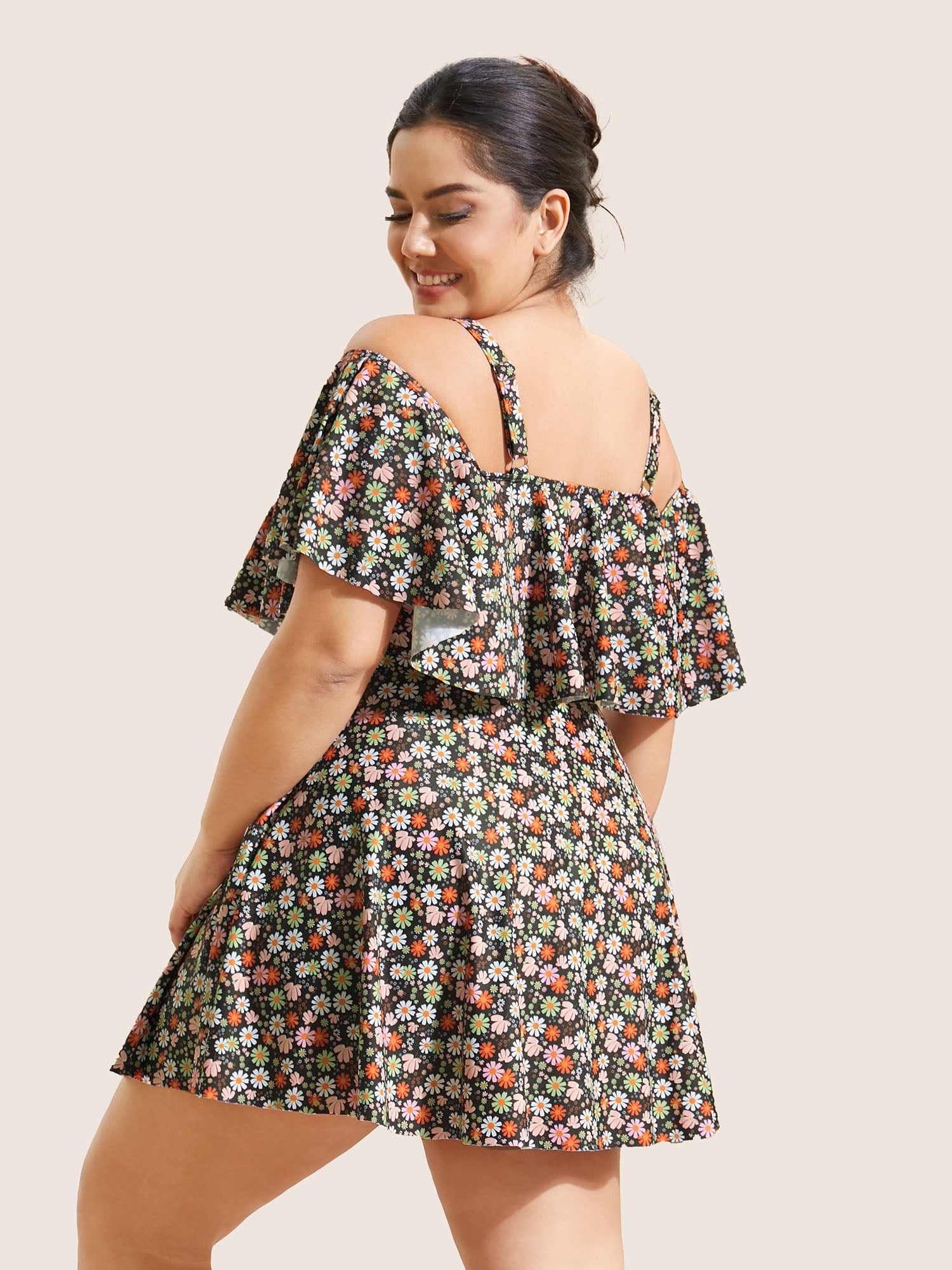 Ditsy Floral Ruffles Cold Shoulder Swim Dress