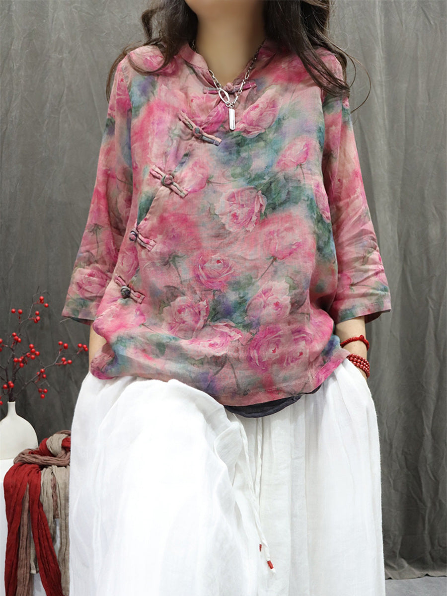 Women Summer Ethnic Stand Collar Flower 100%Ramie Shirt