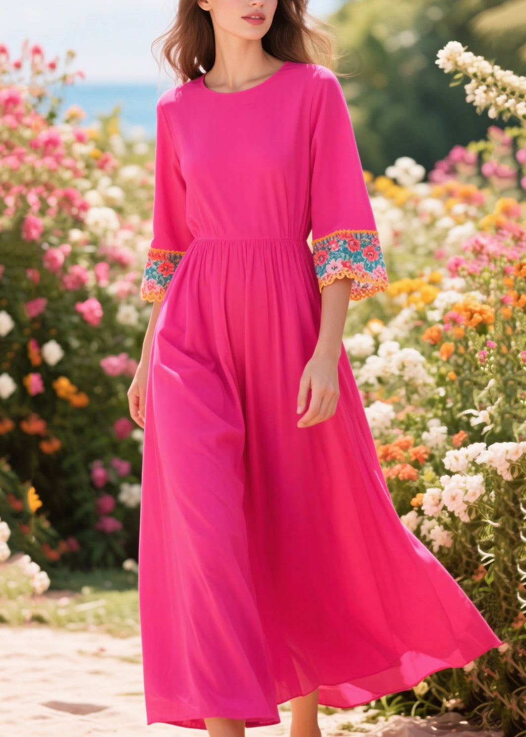 Plus Size Rose O-Neck Patchwork Cotton Robe Dresses Summer