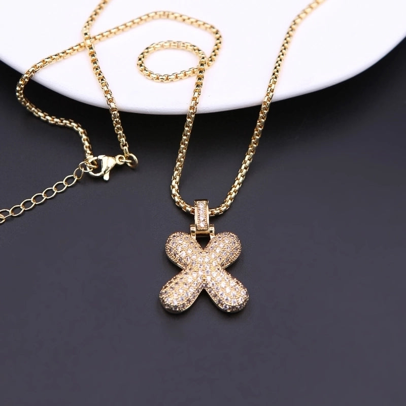 Copper Minimalist Shiny Plating Hollow Out Inlay Letter Zircon Pendant Necklace