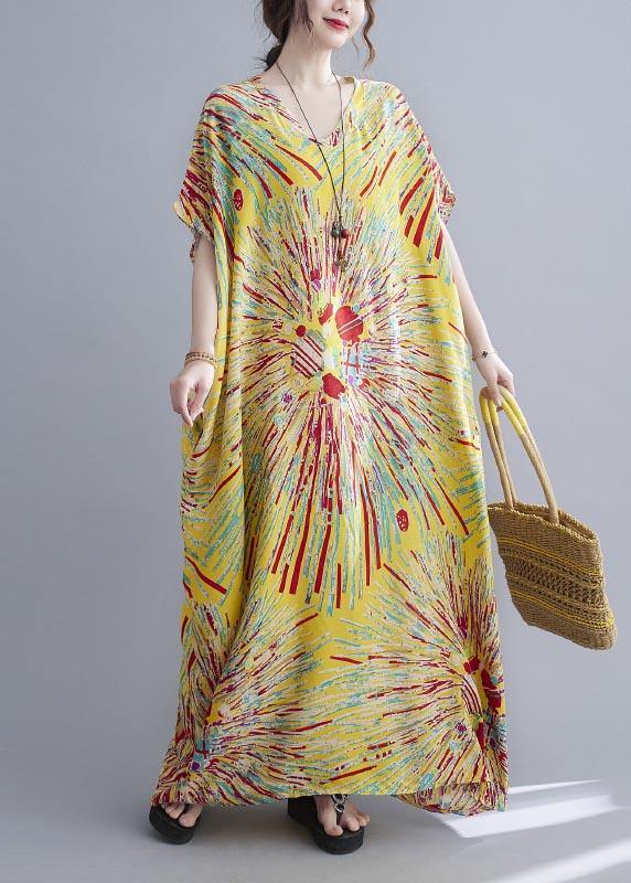 Casual Yellow Print Cotton V Neck Oversize Summer Dress