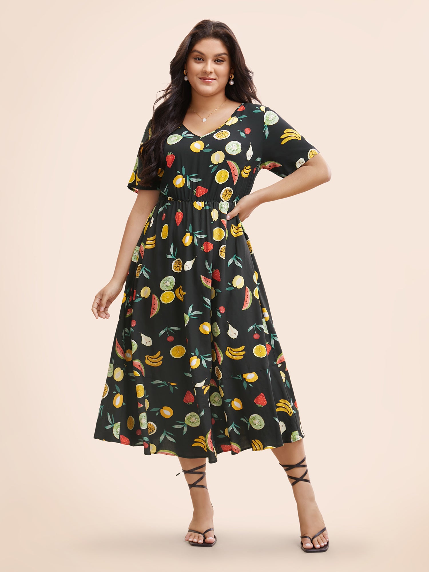 Fruit Print Elastic Waist Gathered Dress