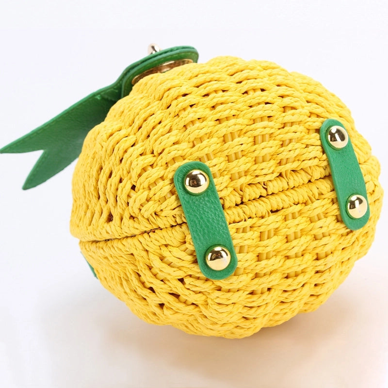 Women's Small Paper String Pineapple Cute Weave Round Lock Clasp Beach Bag