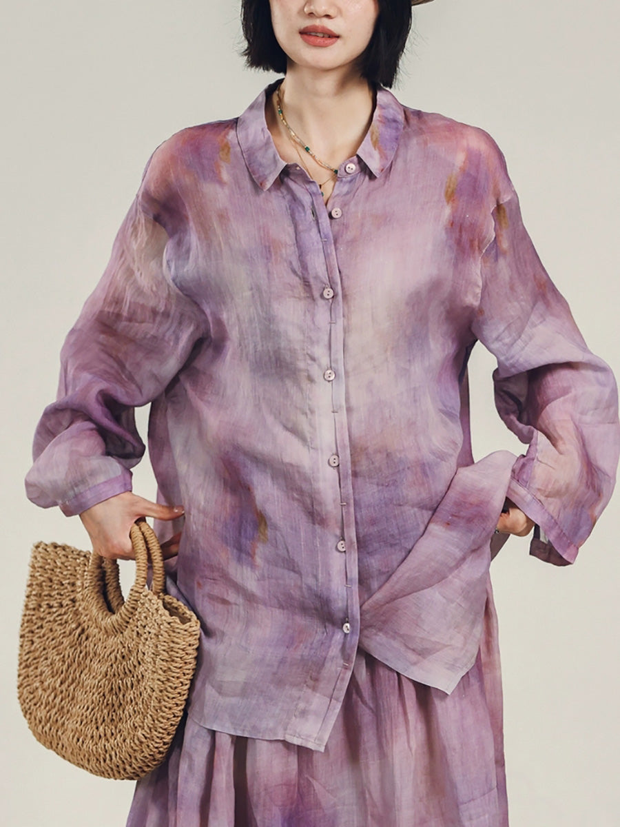 Women Summer Artsy Tie-dye Turn-down Collar 100%Ramie Shirt