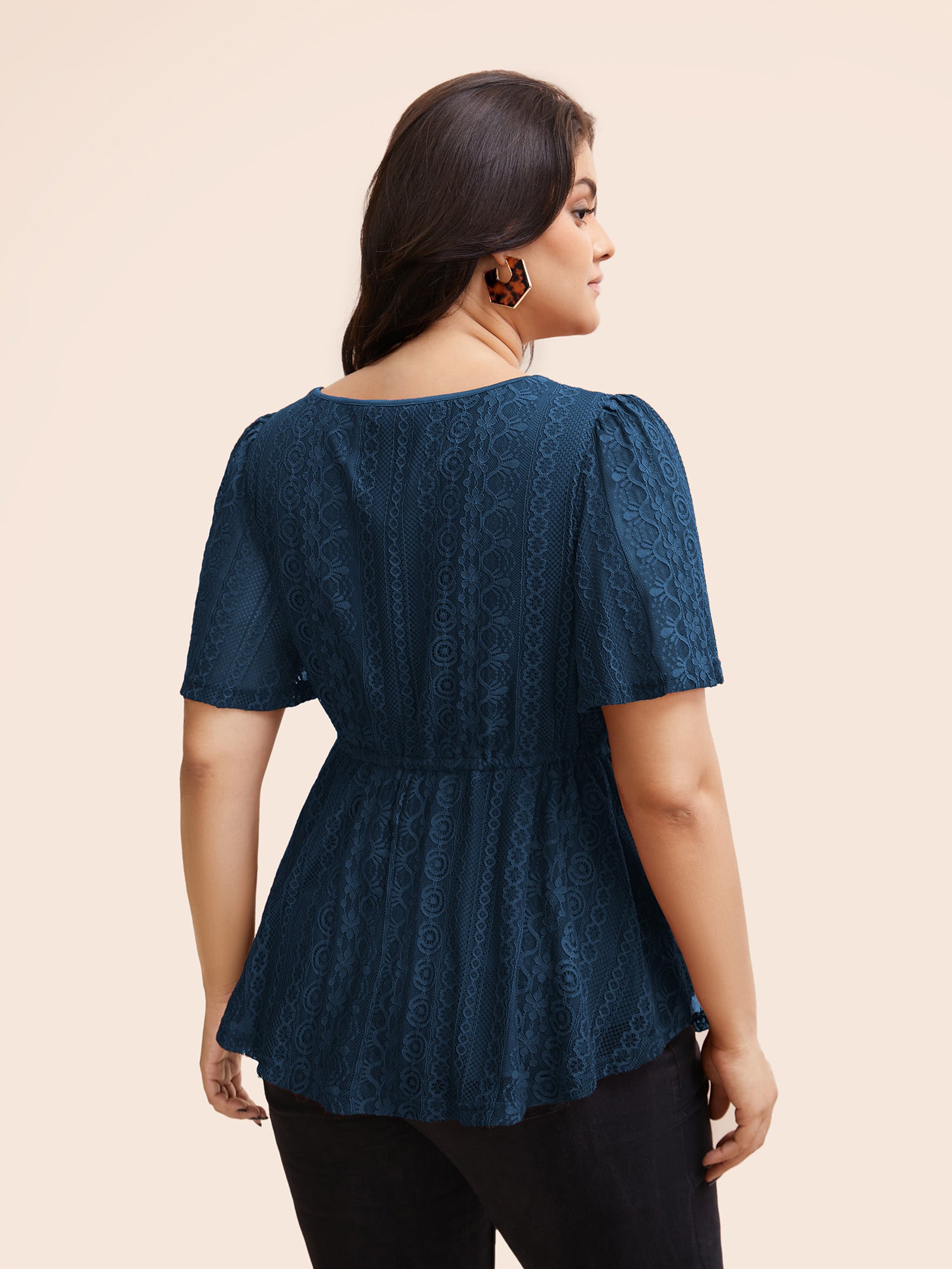 V Neck Lace Panel Drawstring Blouse