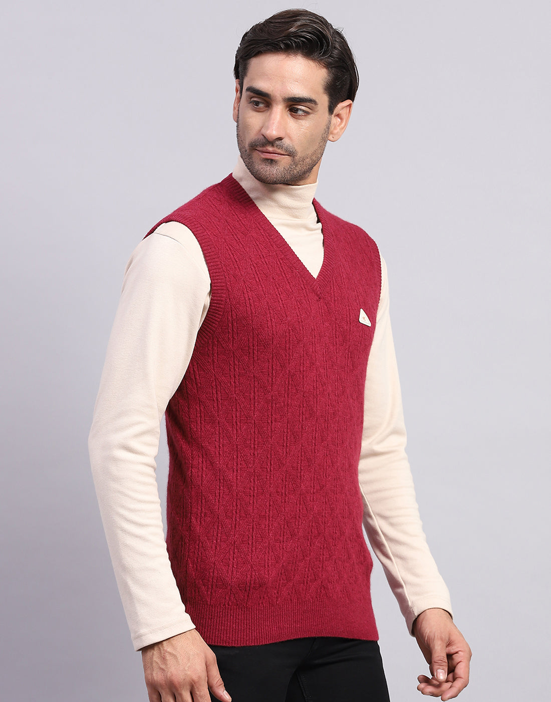 Men Maroon Self Design V Neck Sleeveless Sweater