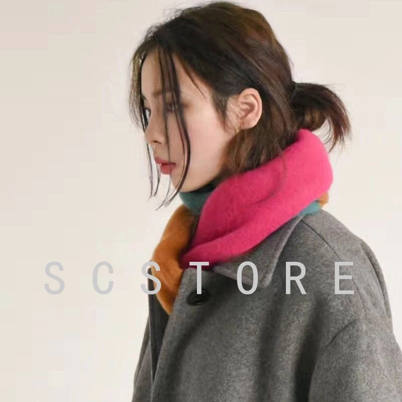 Knitted Scarf New Dongdaemun Color Matching Plaid Scarf Women's Autumn And Winter Warm Scarf Generation Hair