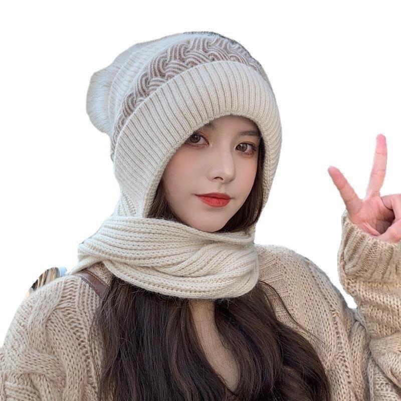 Hat Women's Autumn And Winter Korean-style Cute Knitted Hat Cold-proof Ear Protection Neck Protection Thickened Wool Hat Scarf -one Hat