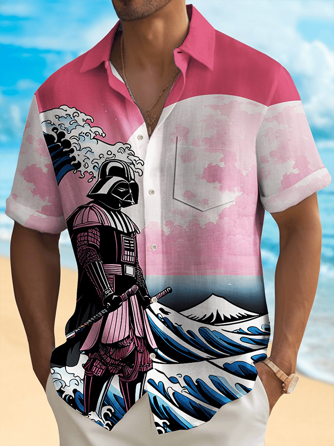 Men's Hawaiian Ukiyoe Wave Samurai Print Pocket Shirt