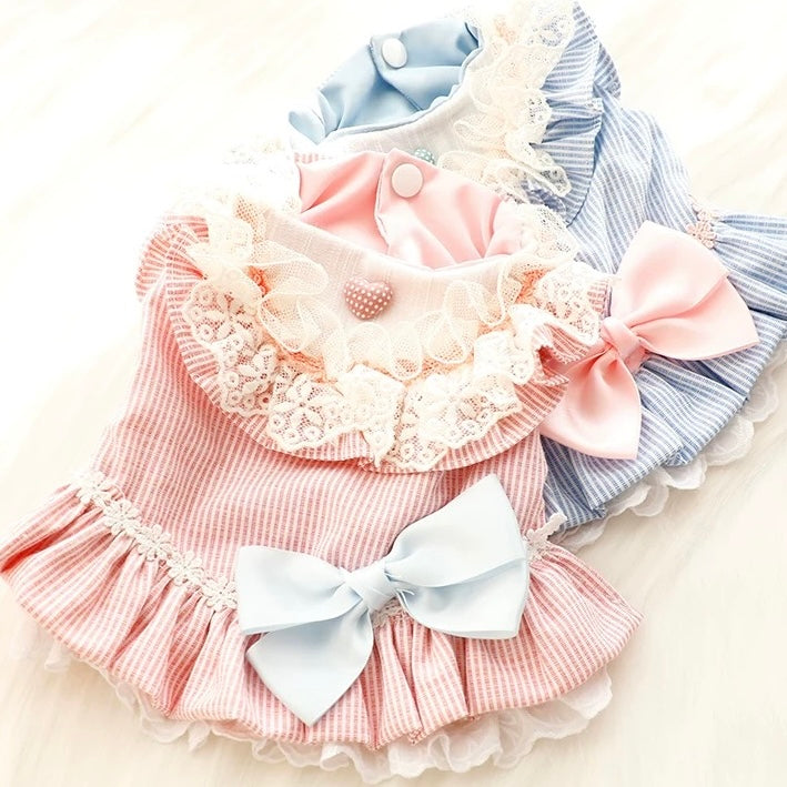 Sweet Lace Collar Striped Bow Dog Cat Dress