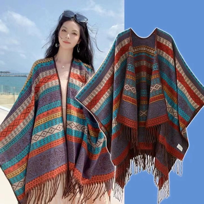 Women's Minimalist Classic Style Color Block Imitation Cashmere Tassel Shawl