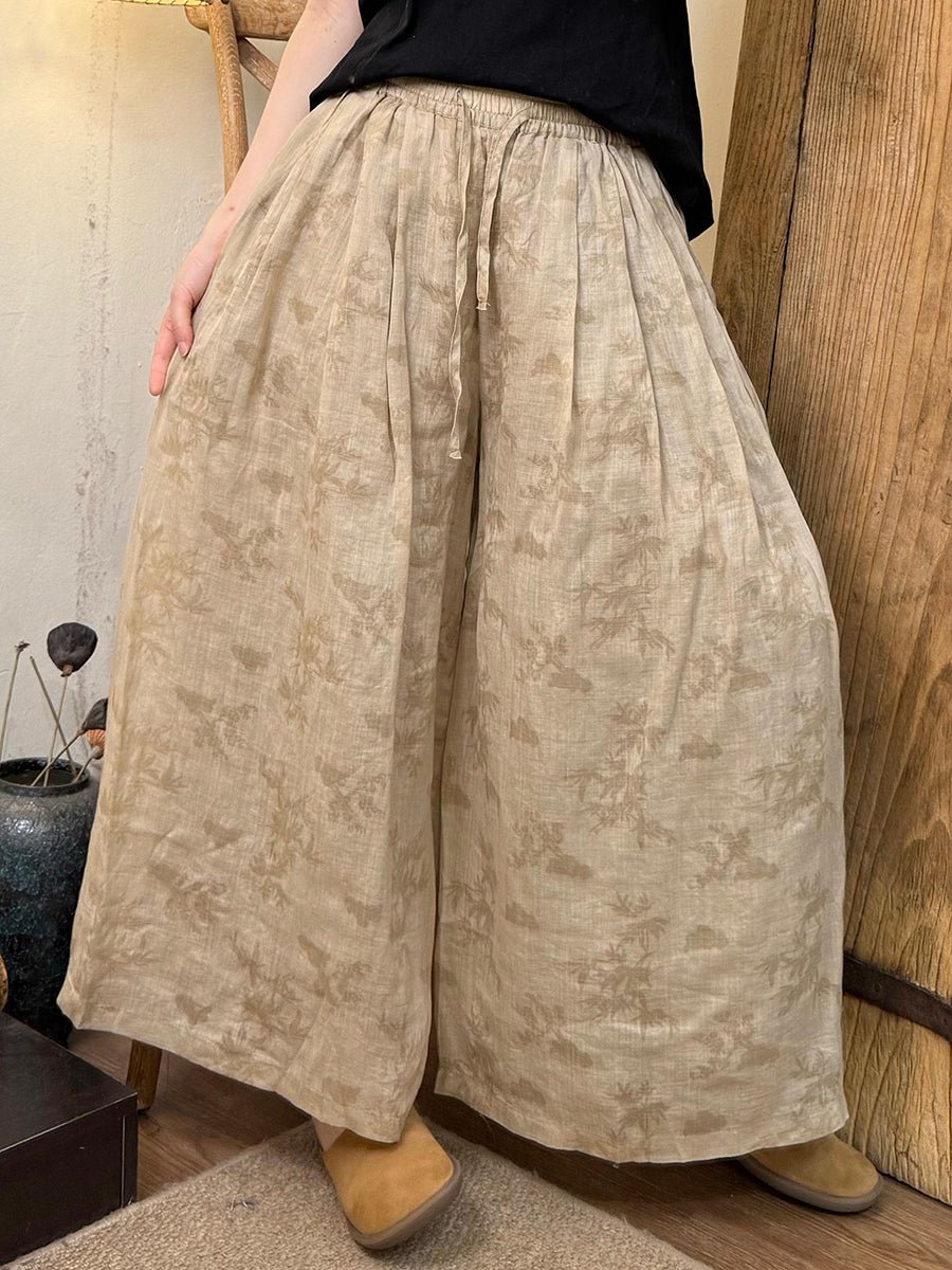 Women Summer Retro Print Ramie Wide-leg Pants