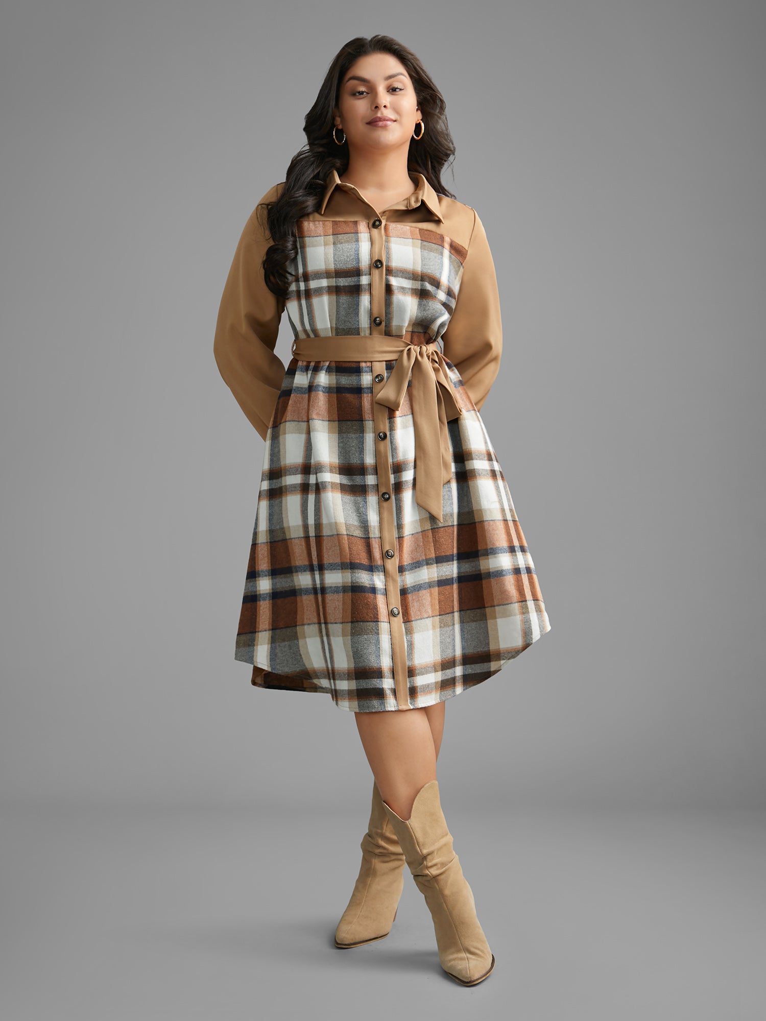 Shirt Collar Plaid Patchwork Belted Dress