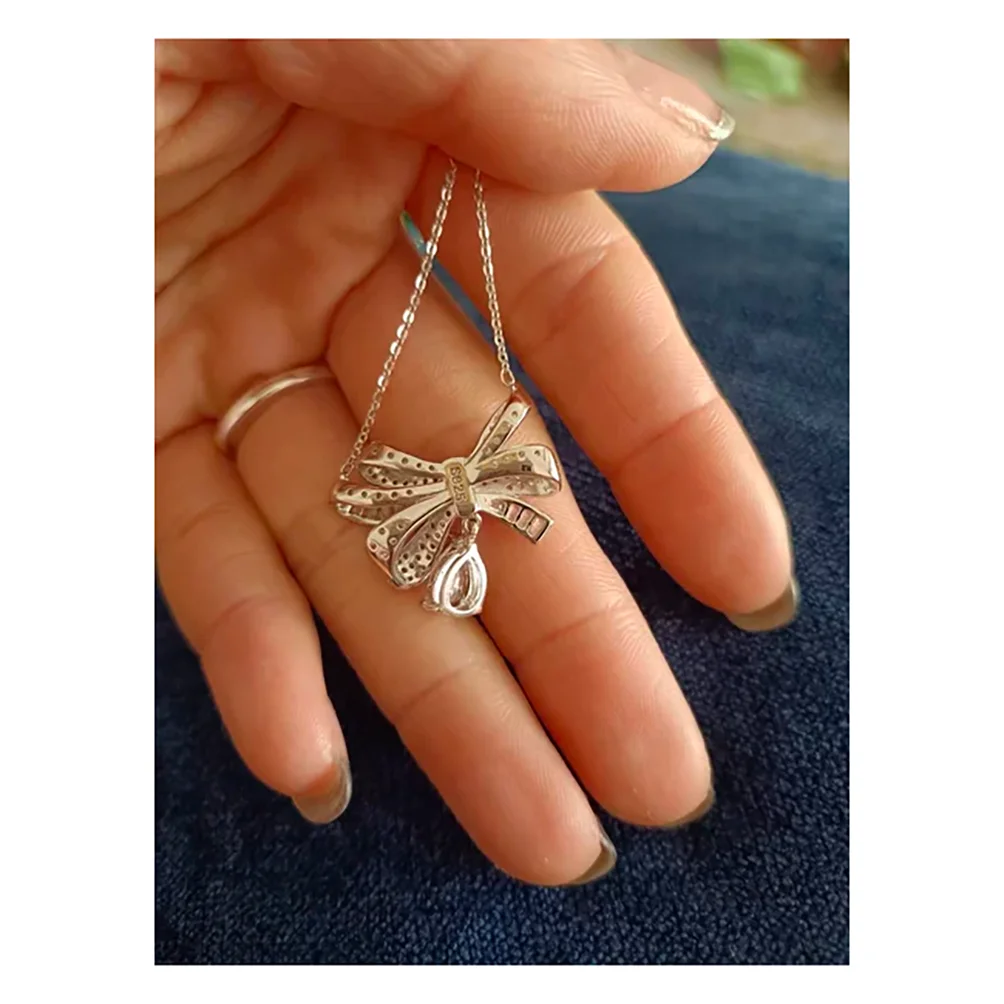 Bow knot water drop necklace 925 sterling silver light luxury diamond pendant collarbone chain