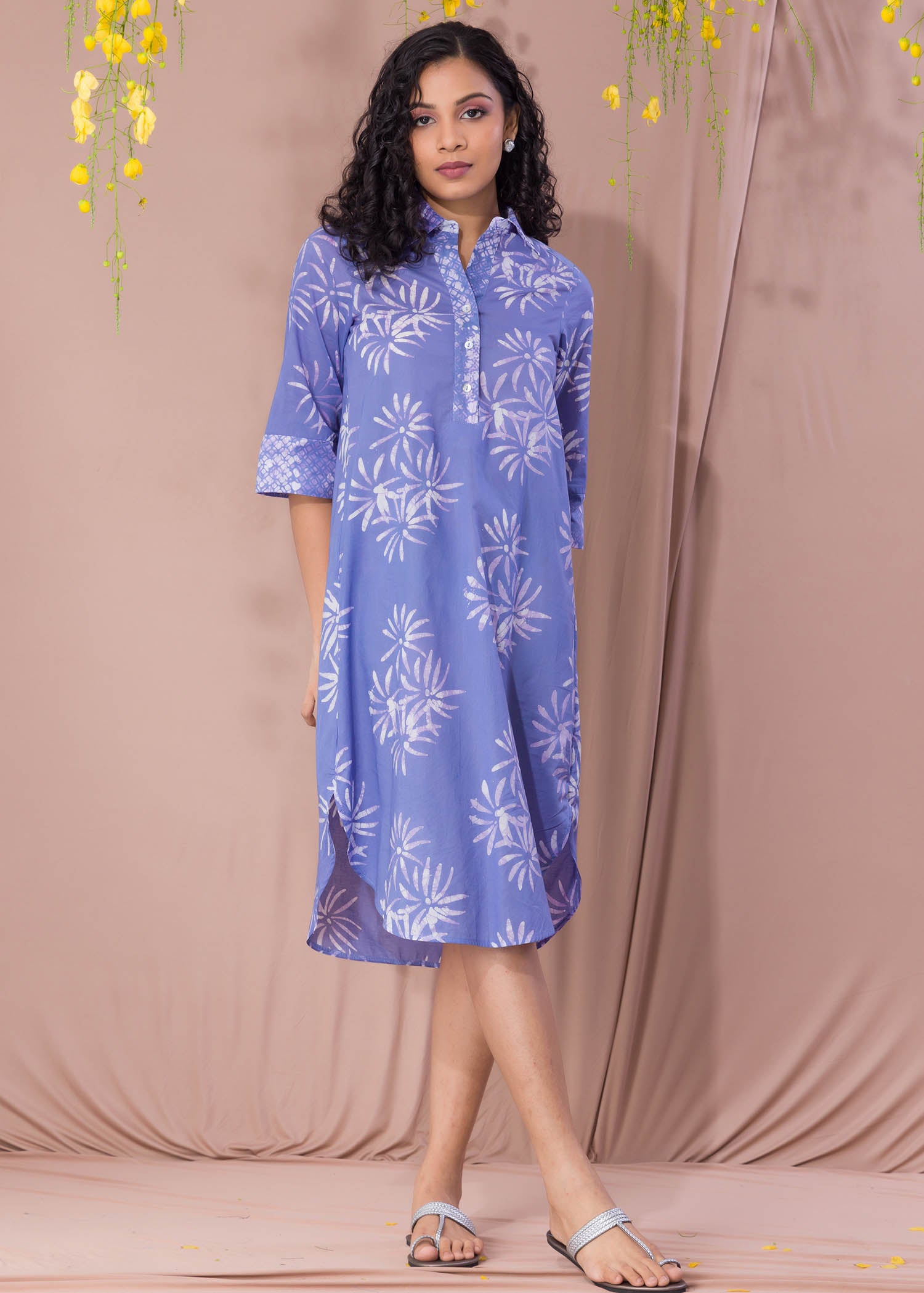 White Flower Posy Detailed Batik Shirt Dress