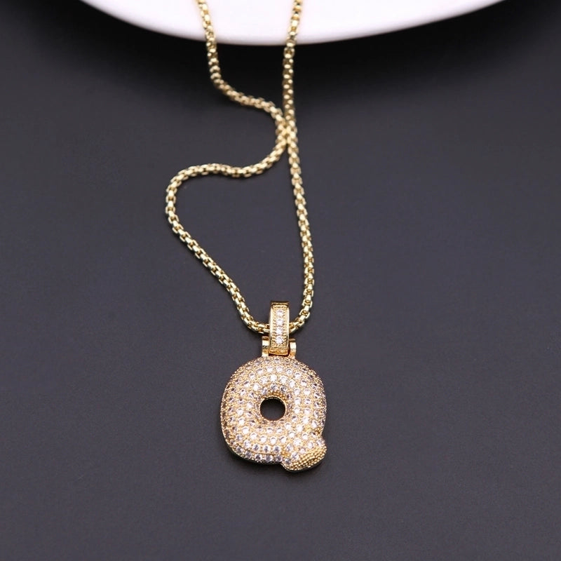 Copper Minimalist Shiny Plating Hollow Out Inlay Letter Zircon Pendant Necklace