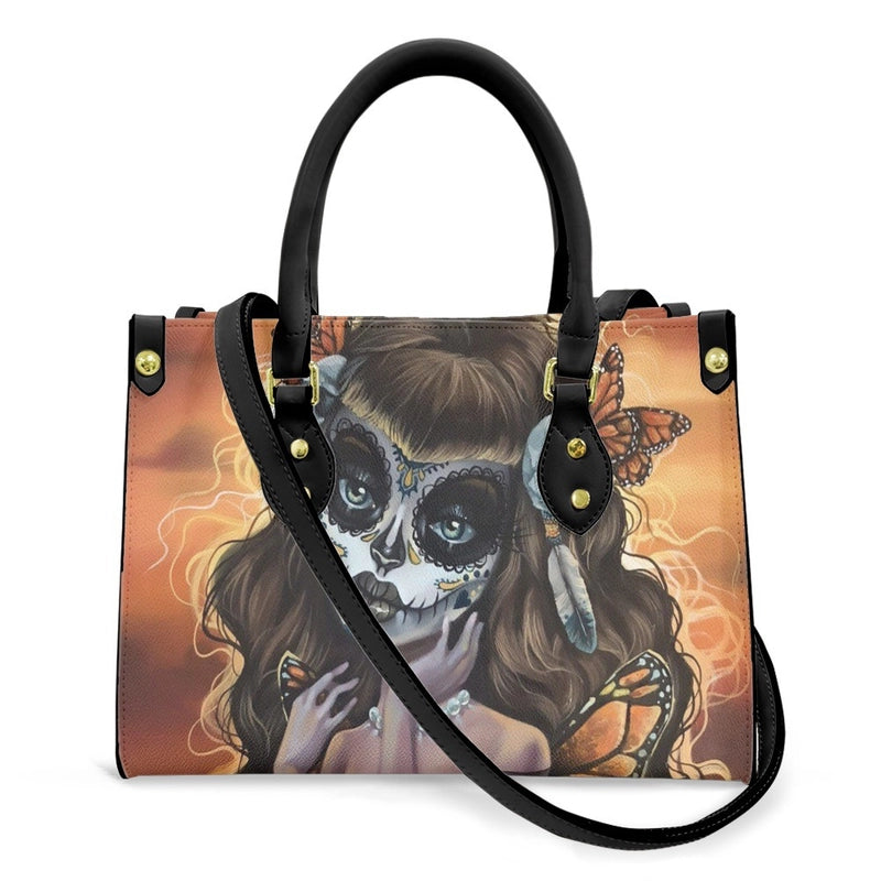 Halloween Women's Medium Pu Leather Human Floral Streetwear Square Hook Loop Customized Tote Bag