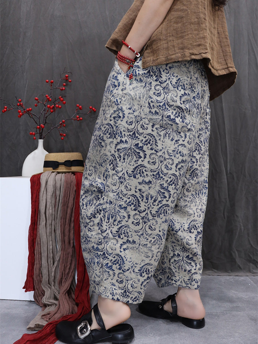 Women Artsy Summer Flower 100%Linen Harem Pants
