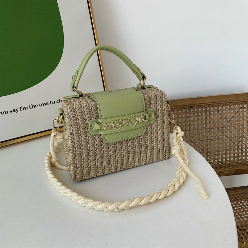 Women's Medium Straw Color Block Solid Color Vacation Beach Weave Magnetic Buckle Straw Bag
