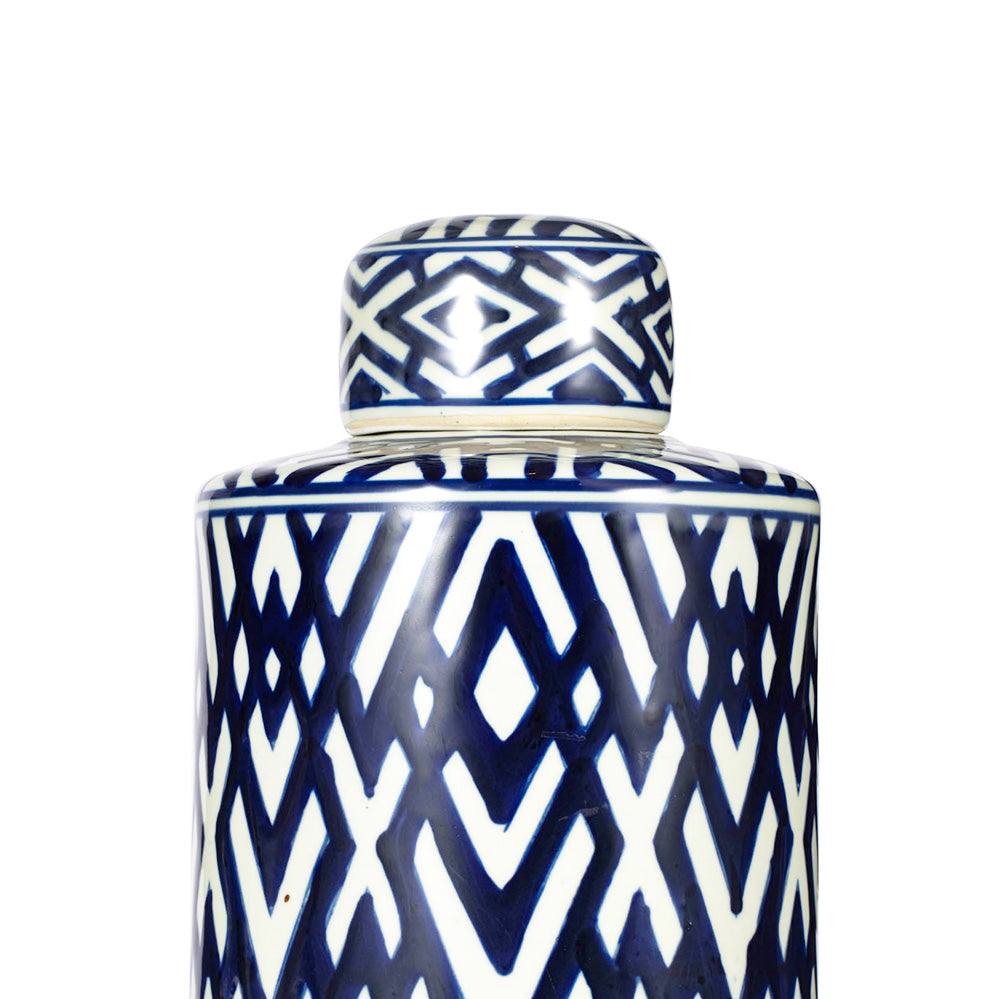 Porcelain Lidded Jar Tall - Blue Chevron