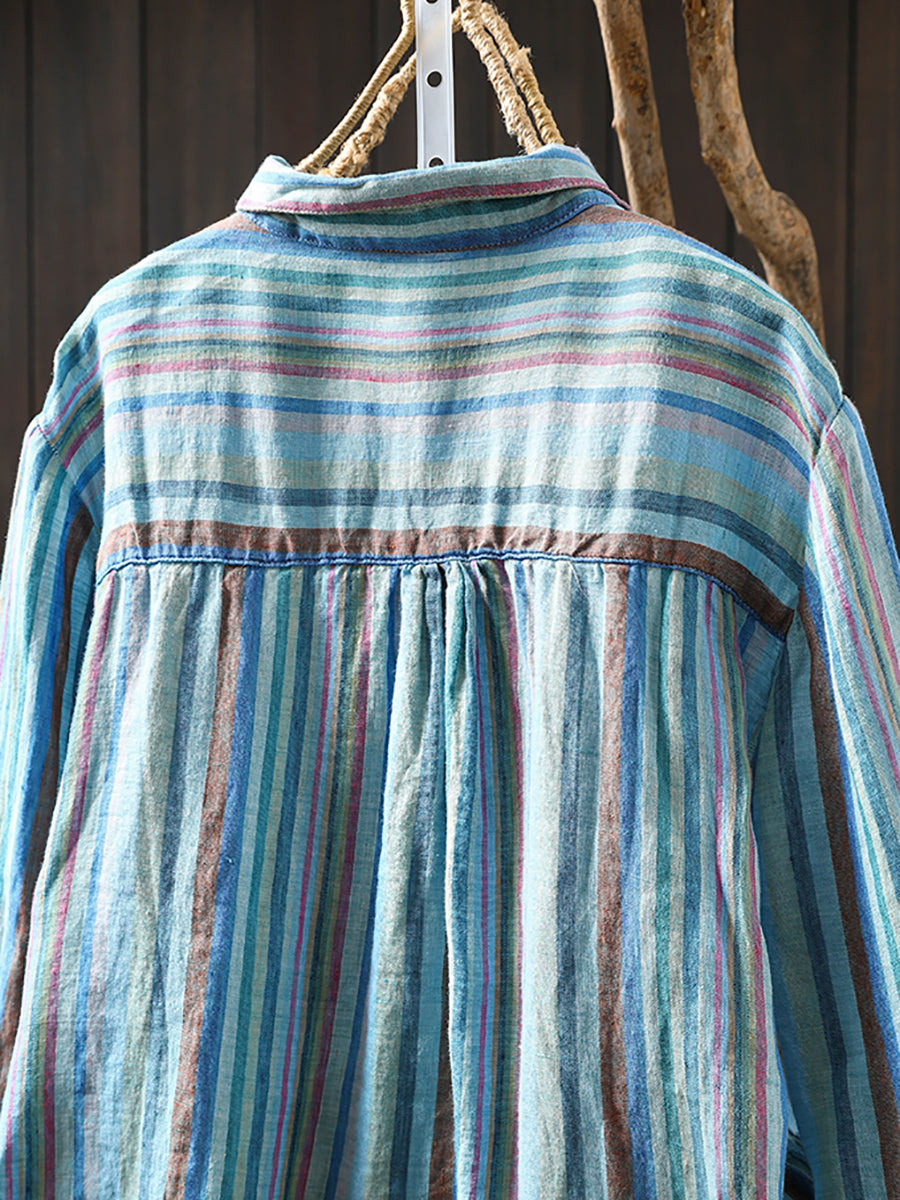 Women Summer Artsy Colorful Stripe 100%Linen Shirt