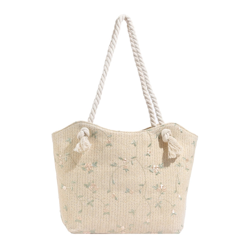 Women's Large Straw Solid Color Basic Classic Style Zipper Straw Bag