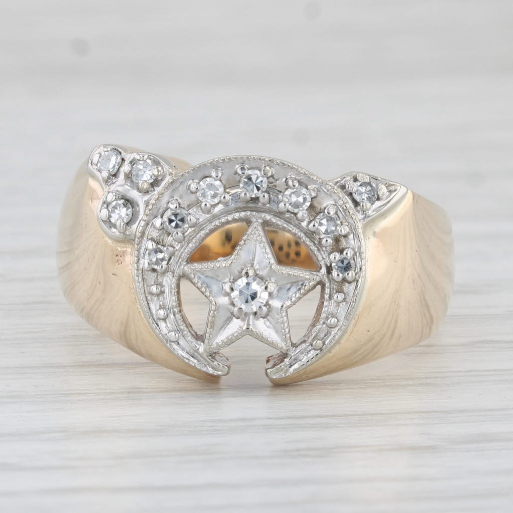 0.15ctw Diamond Shriners Signet Ring 10k Gold Sz 11.5 Masonic Crescent Scimitar