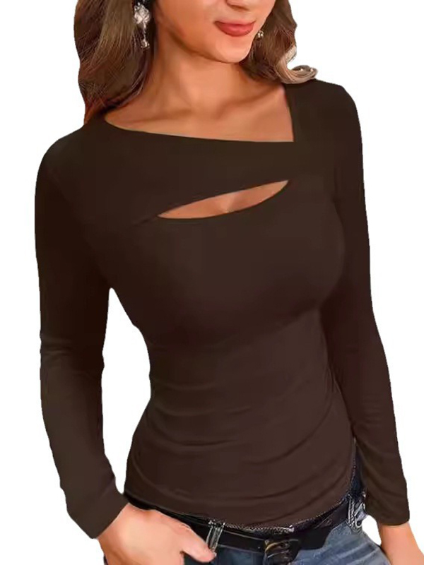 Long Sleeves Skinny Asymmetric Hollow Solid Color Split-Joint V-Neck T-Shirts