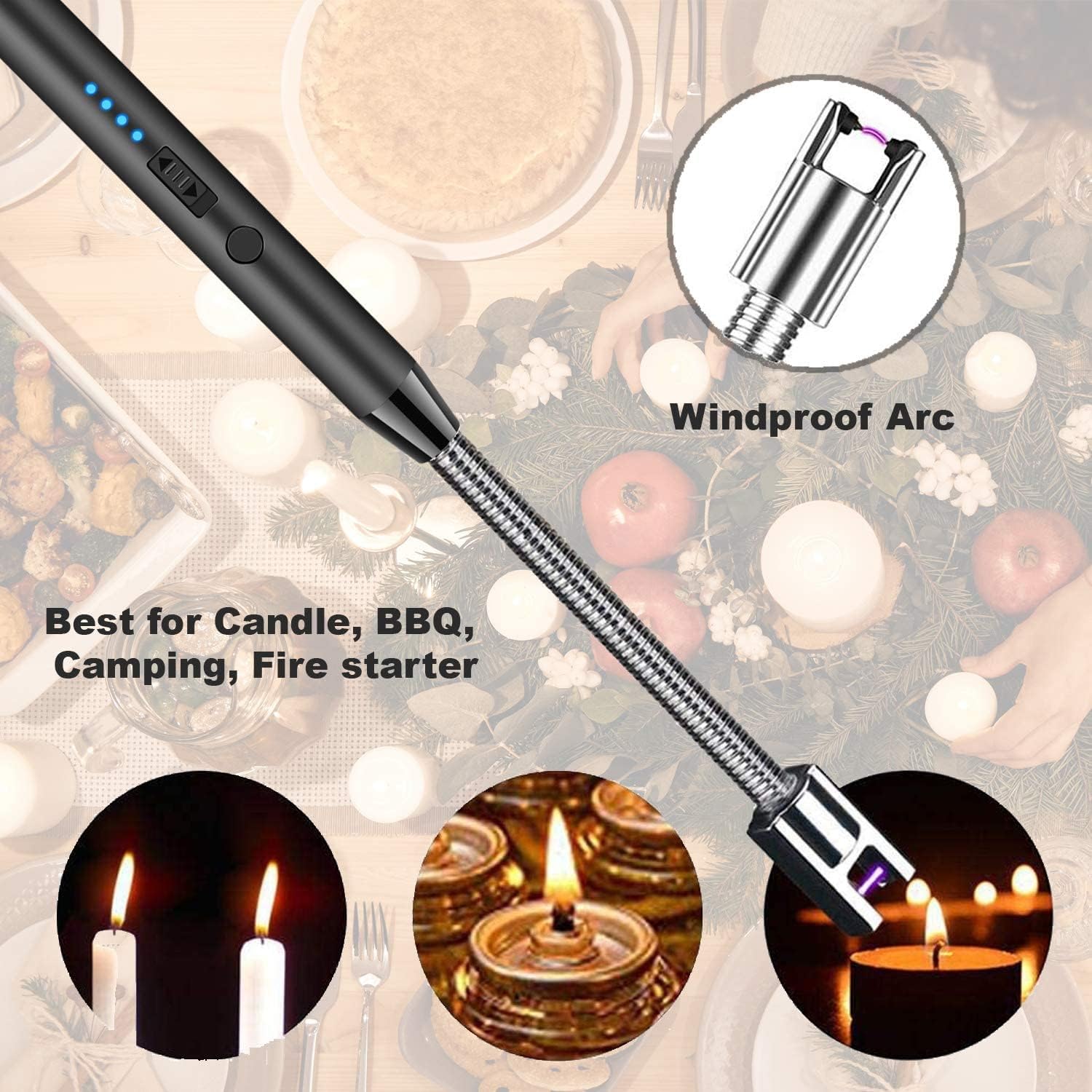 Candle Lighter - Flexible Plasma Arc Long Neck USB Lighter Rechargeable Windproof Flameless For Candles. Grill. Cooking. Camping. Hiking