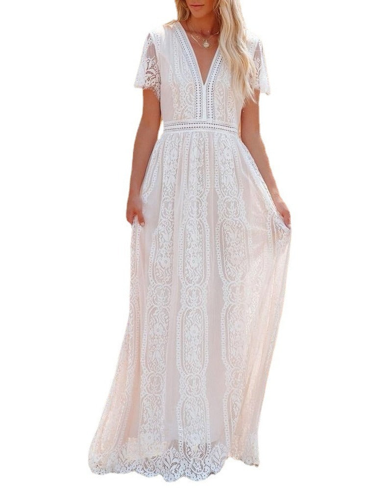 Boho Dress for Women|Bohemian Dress|Midi Boho Dress| Deep V-neck Lace Hollow Out Bohemian Maxi Dress Vintage Lady White Boho Dresses|Wedding Guest Dress