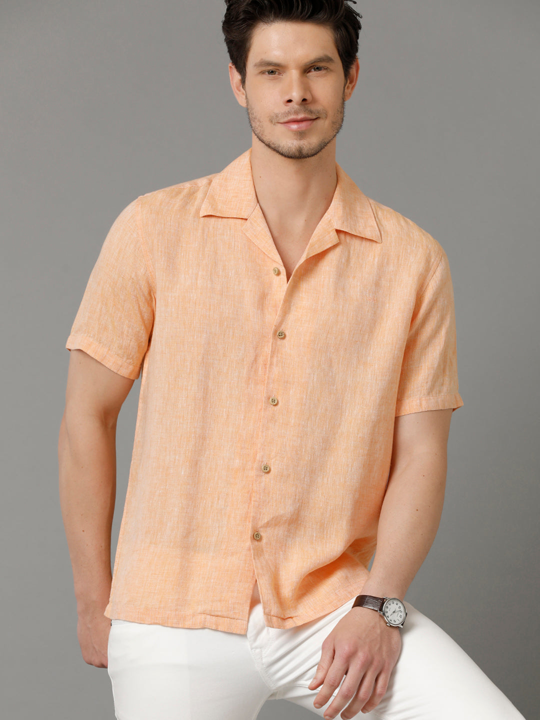 Mens Regular Fit Solid Orange Casual Linen Shirt (LACH)