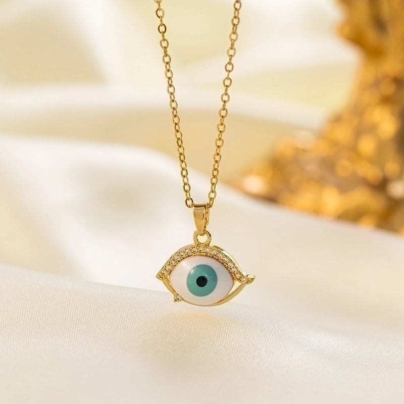 304 Stainless Steel 18K Gold Plated Vintage Style Minimalist Inlaid Zircon Eye Artificial Rhinestones Resin Pendant Necklace