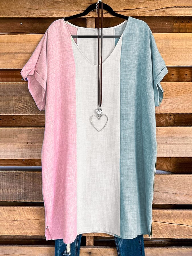 Retro Color Matching V-Neck Loose Casual Top