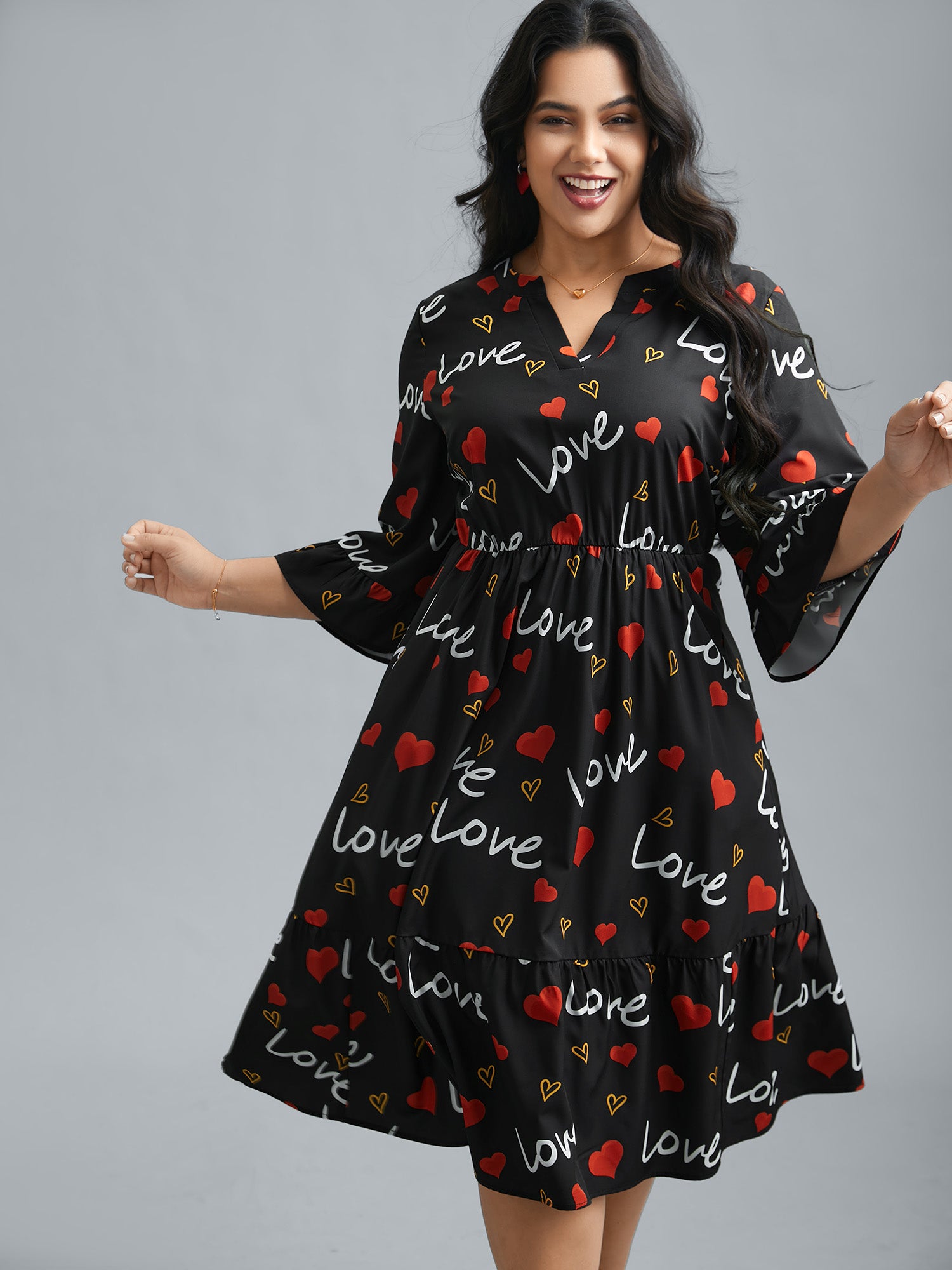 Notched Collar Heart Print Tiered Midi Dress