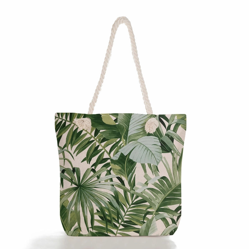Green Leaf Printed Cotton Rope Bag Large Capacity Shoulder Bag Student Book Tote Bag Printable Logo