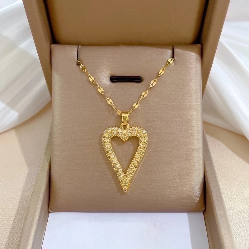 2 Pieces Minimalist Classic Style Geometric Heart Shape Titanium Steel Copper Zircon Pendant Necklace In Bulk