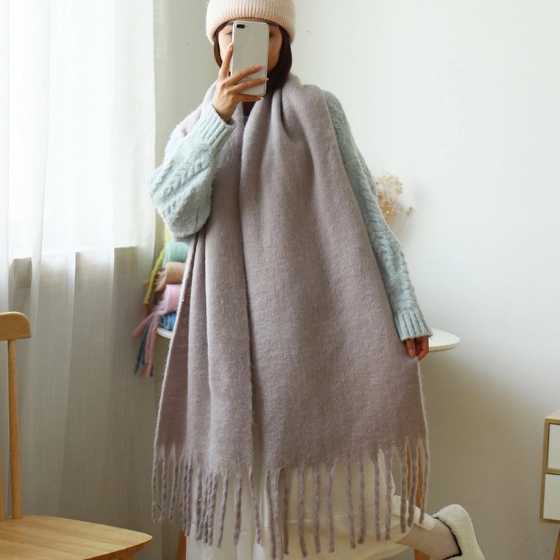 Solid Color Mohair Scarf For Women Autumn And Winter New Thick Braid Winter Student Shawl Scarf