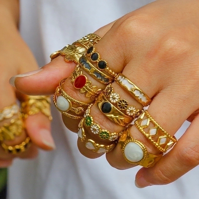 Rock Oversized Leaves Eye Flower 304 Stainless Steel Gem 18K Gold Plated Inlay Open Rings