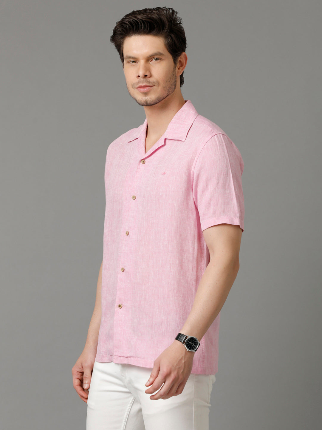 Mens Regular Fit Solid Pink Casual Linen Shirt (LUCA)