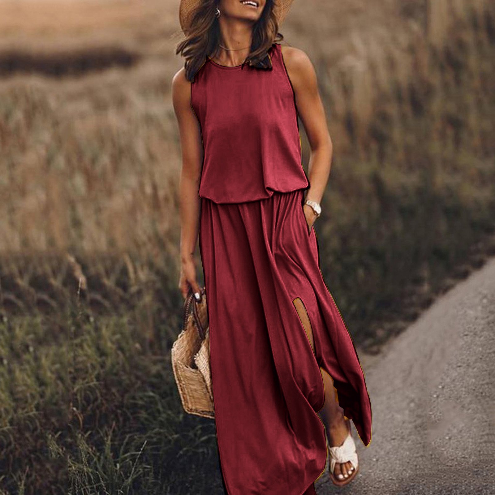 🔥Summer Hot Sales - 49% OFF👗Women Sleeveless Solid Round Neck Summer Maxi Dress