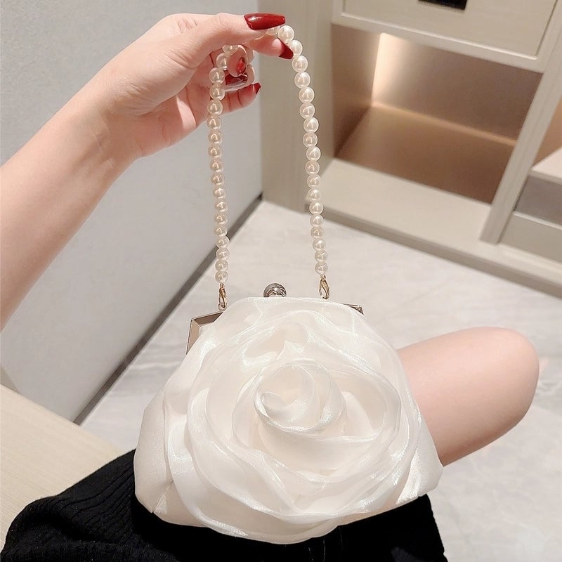 White Polyester Solid Color Flower Beading Round Evening Bags