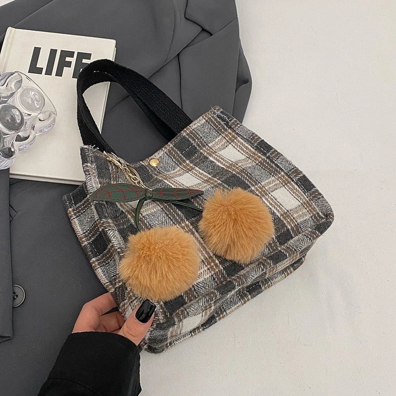 Women's Large Woolen Lattice Elegant Streetwear Square Open Tote Bag