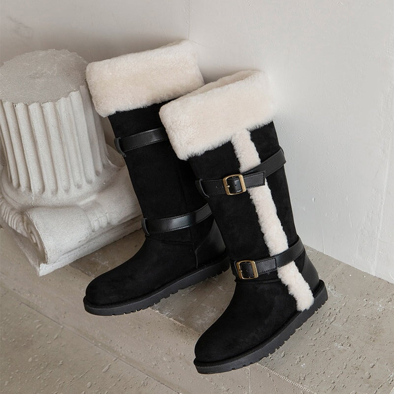 Foldable Suede Leather Knee High Snow Boots with Double Buckles in Brown/Black