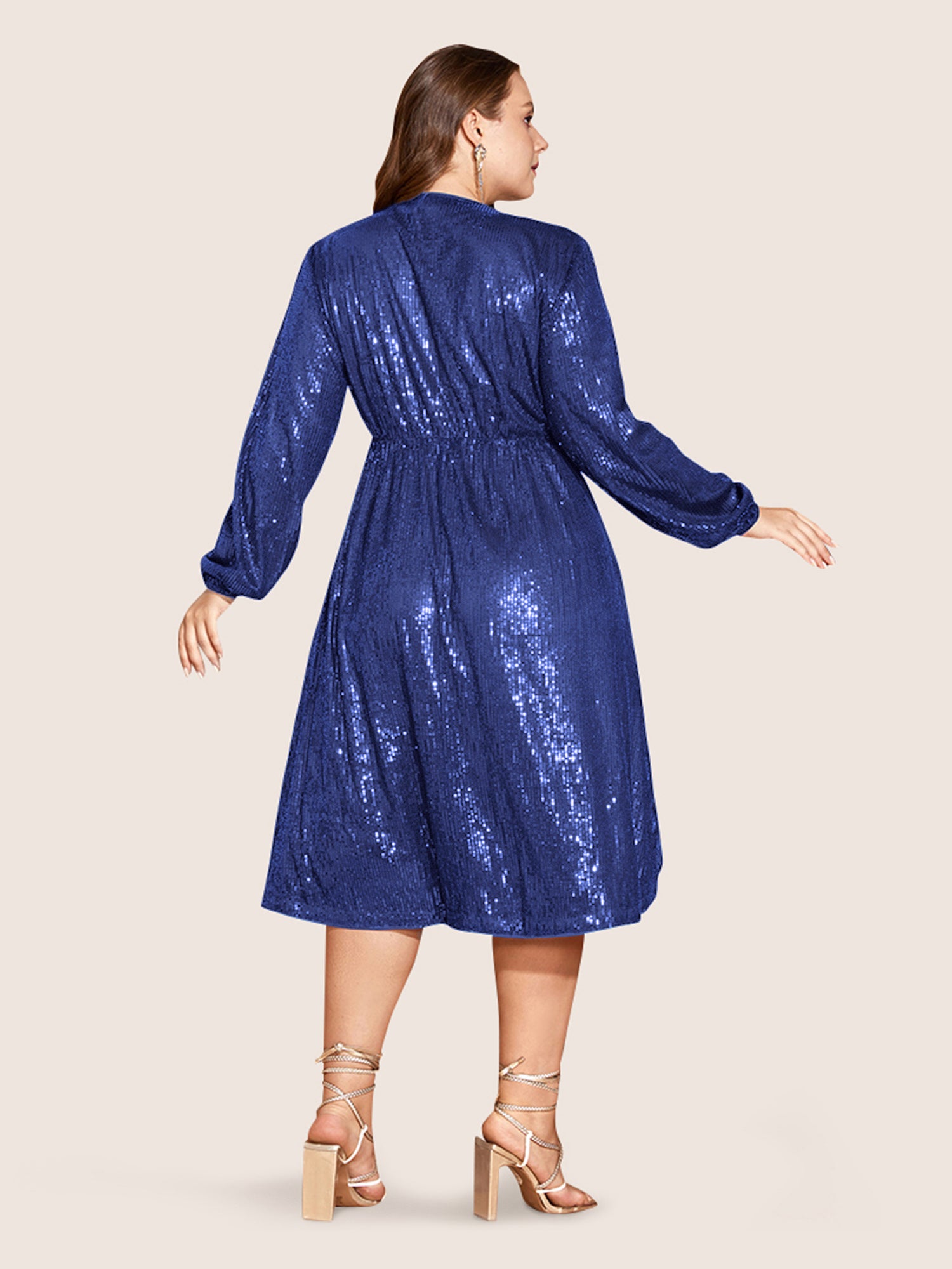 Solid Pocket Lantern Sleeve Wrap Sequin Dress